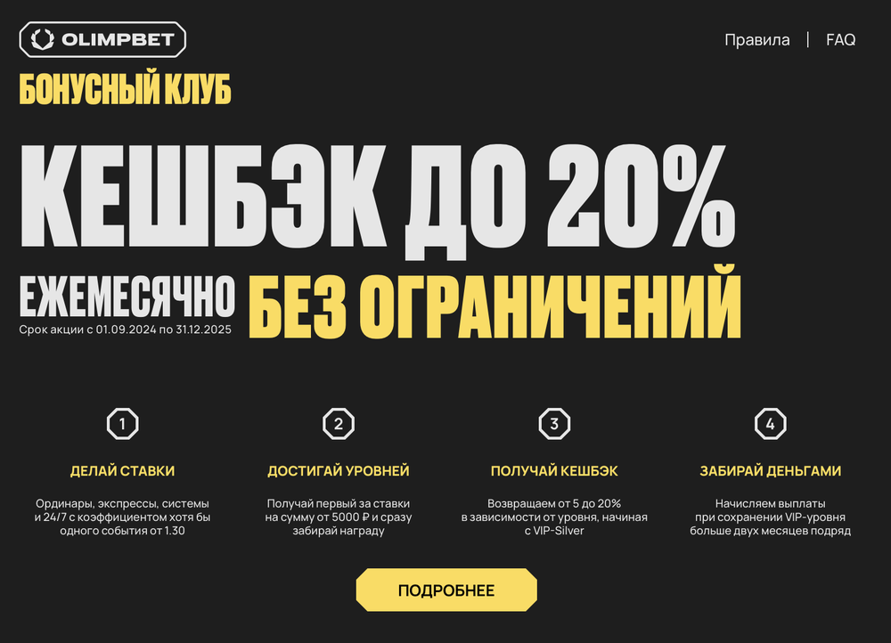 Акция Олимпбет «Кэшбэк до 20%» – бонус 20% Декабрь 2025
