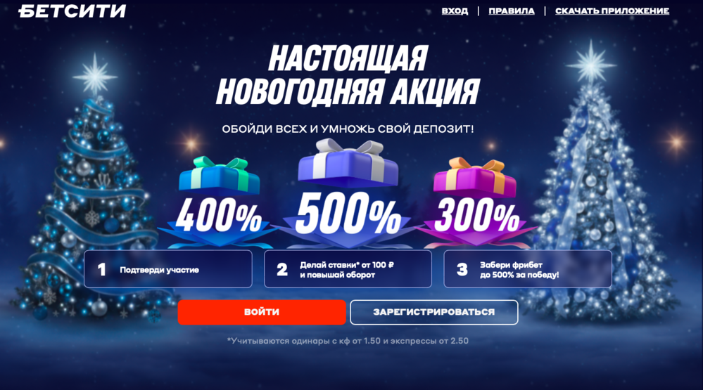 Акция Бетсити «Розыгрыш 2026 фрибетов» – бонус 5 000 000₽ за За участие в акции Декабрь 2025