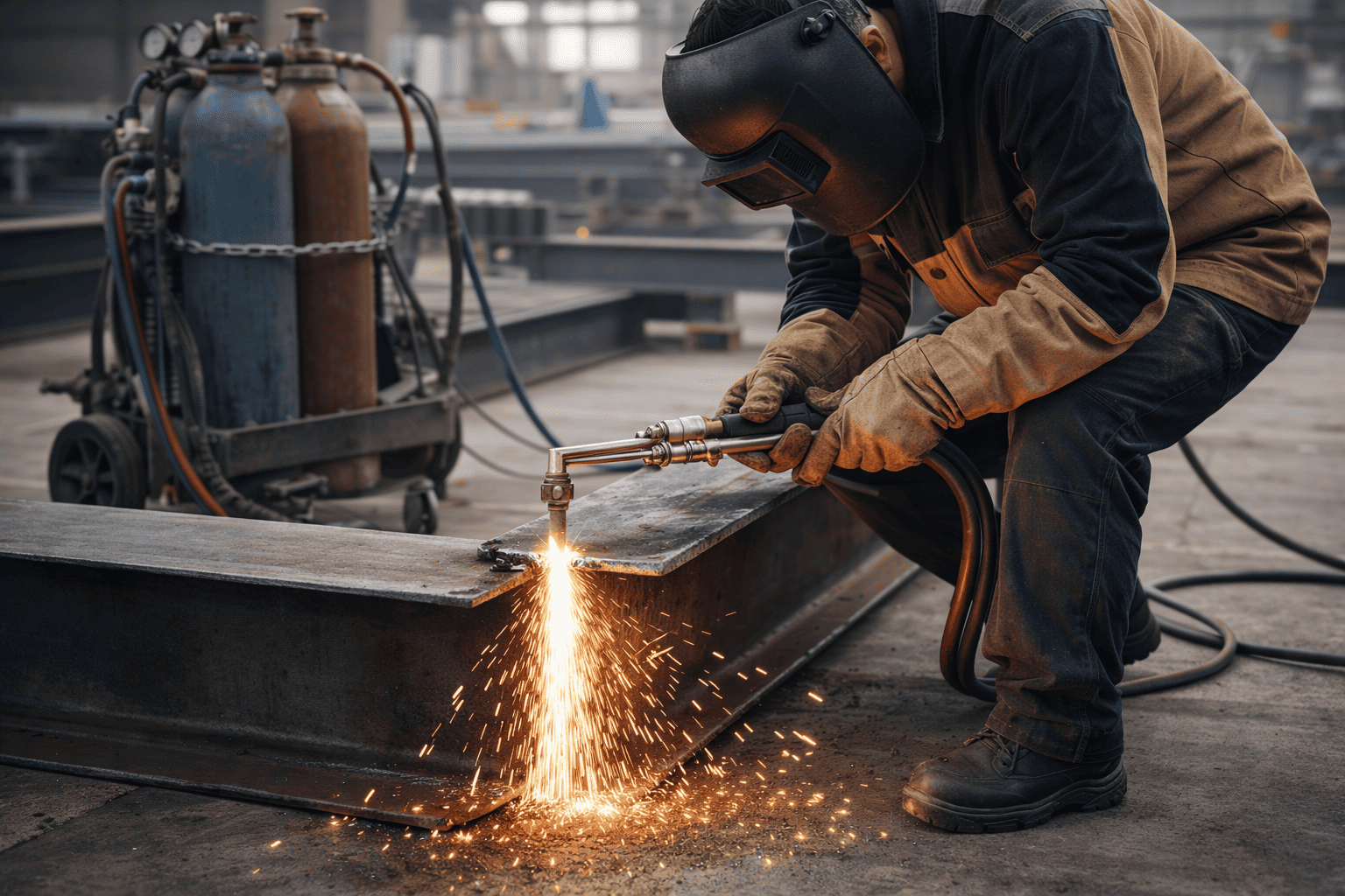 Работа профессиональной кислородно-ацетиленовой горелкой на строительной площадке