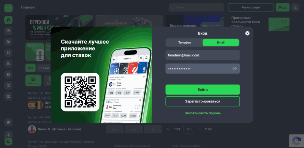 вторизация в личном кабинете Лига Ставок через Email