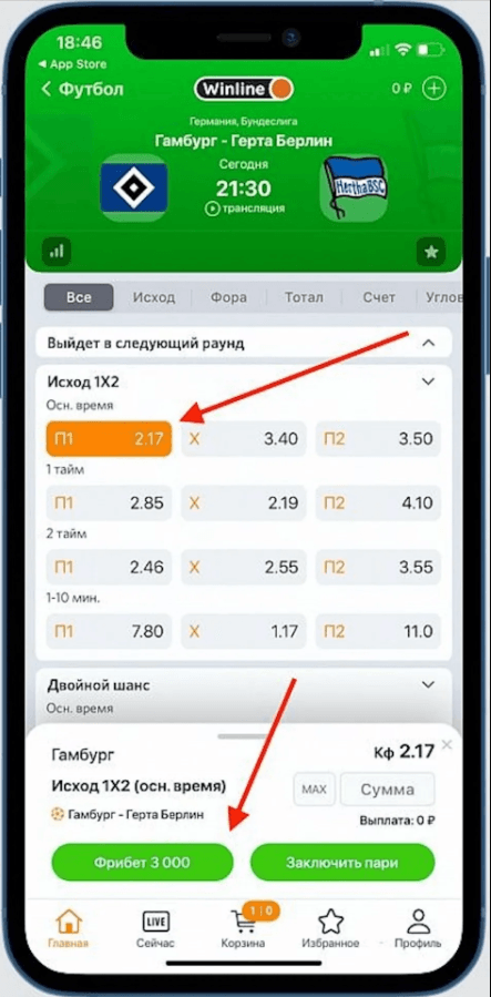 Пример ставки с помощью фрибета в БК Винлайн