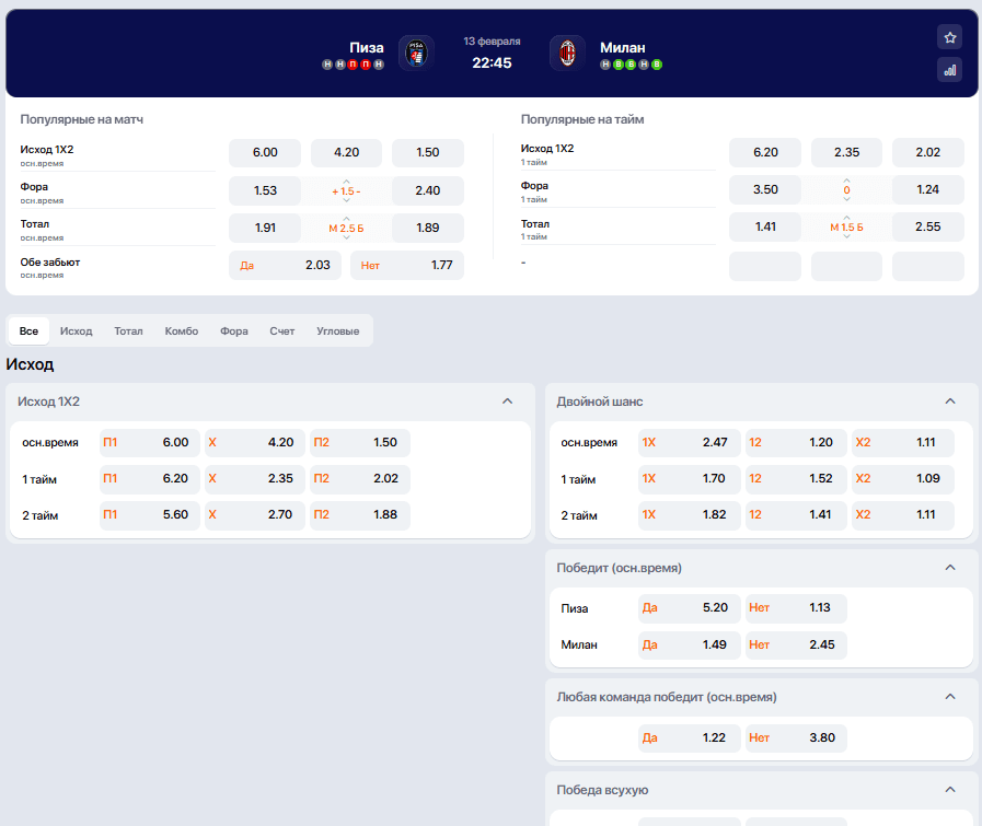 Линия и роспись на футбольный матч Серии А в букмекерской компании