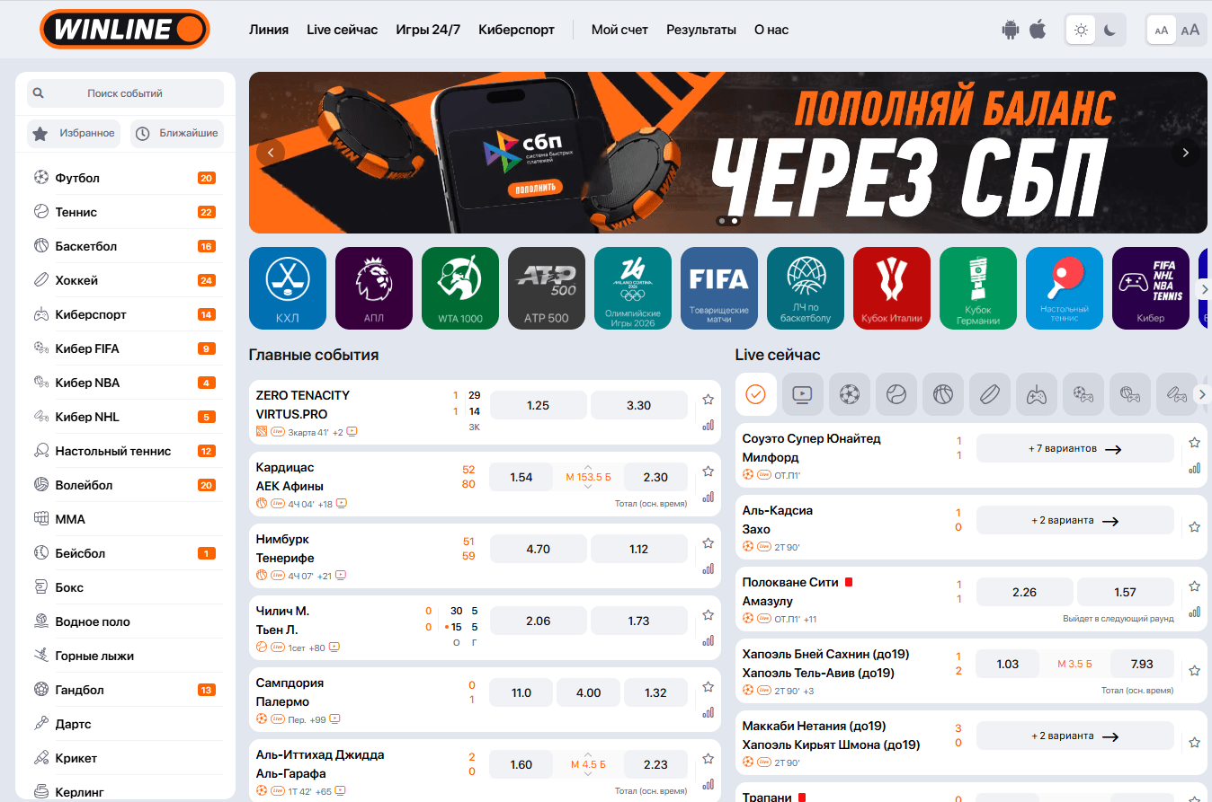 Стандартный набор доступных для ставок видов спорта в легальной российской БК на примере компании Винлайн
