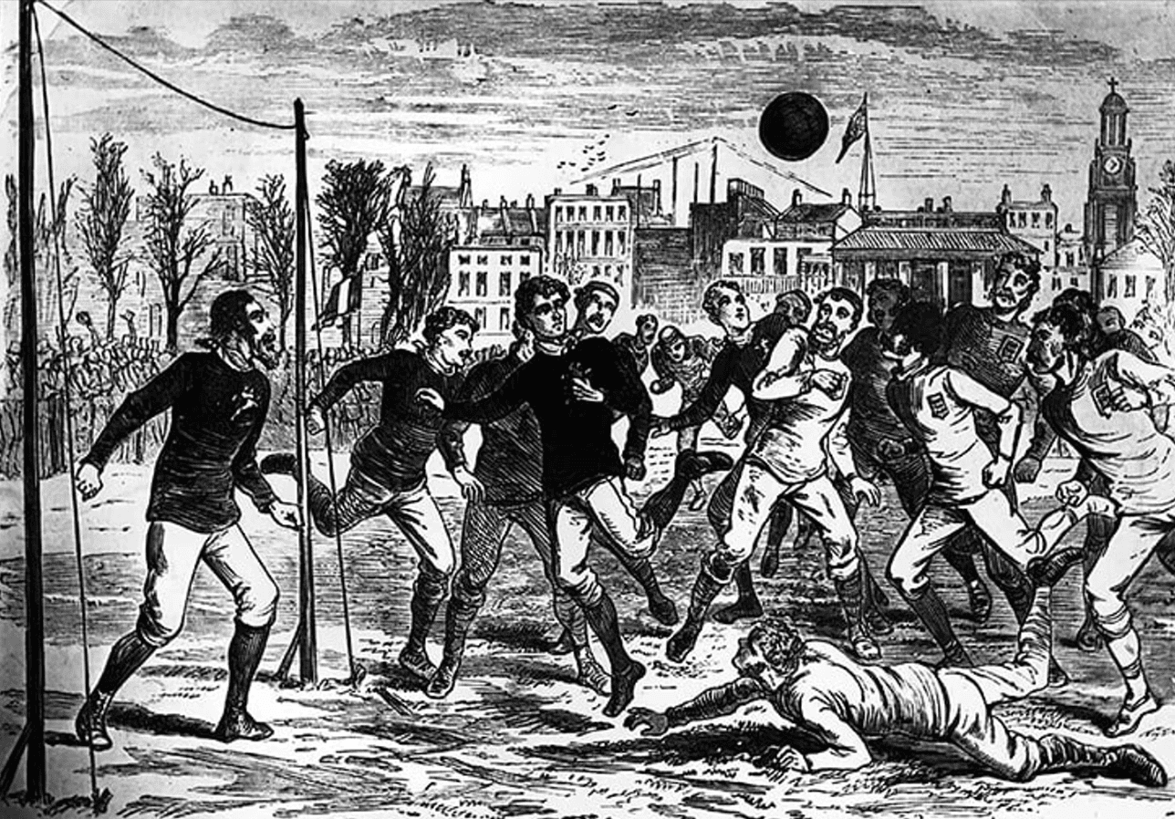 Зарисовка футбольного матча в Англии в XIX веке, на которой изображены ворота с верёвкой вместо перекладины.