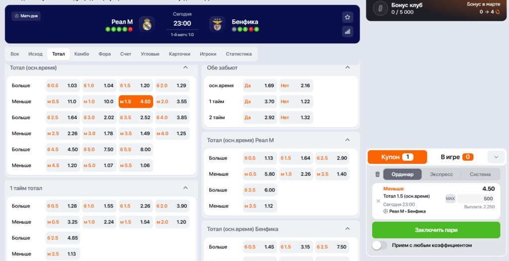 Купон с выбранной ставкой ТМ1,5 в футбольном матче Лиги чемпионов