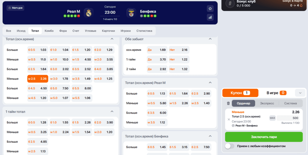 Купон со ставкой ТМ2,5 на футбольный матч Лиги чемпионов