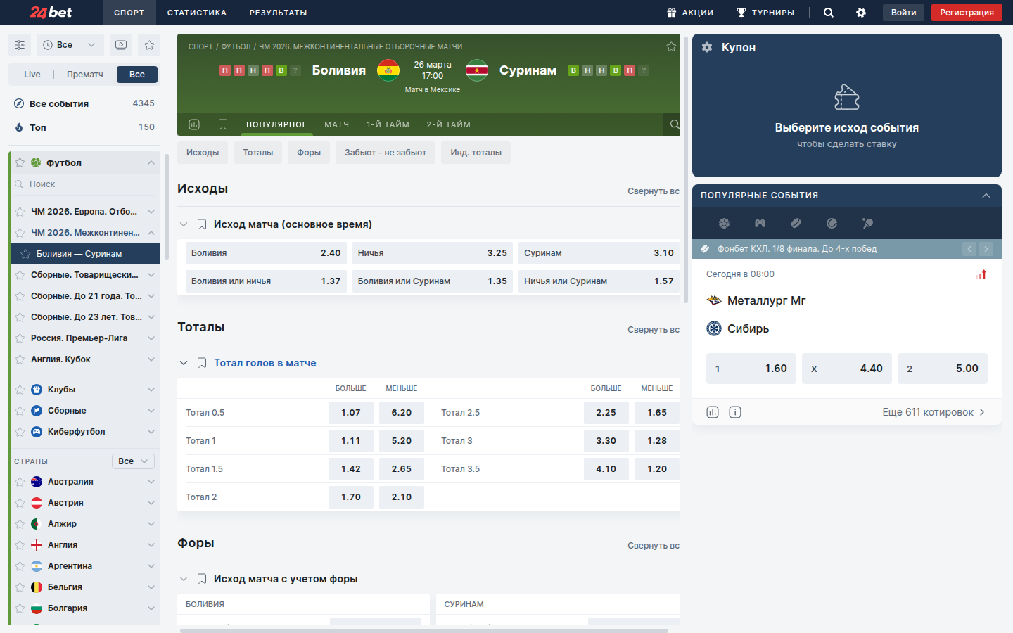 Роспись матча на 24bet.ru — исходы, тоталы и форы