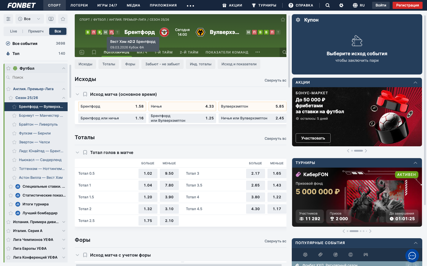 Роспись коэффициентов на футбольный матч