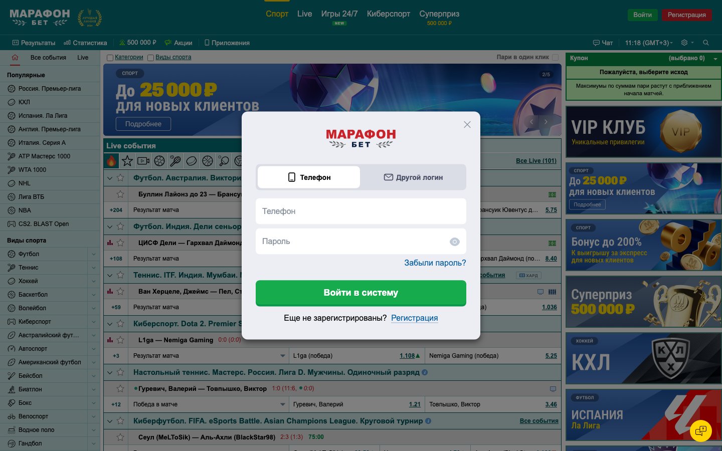 Форма входа на сайте