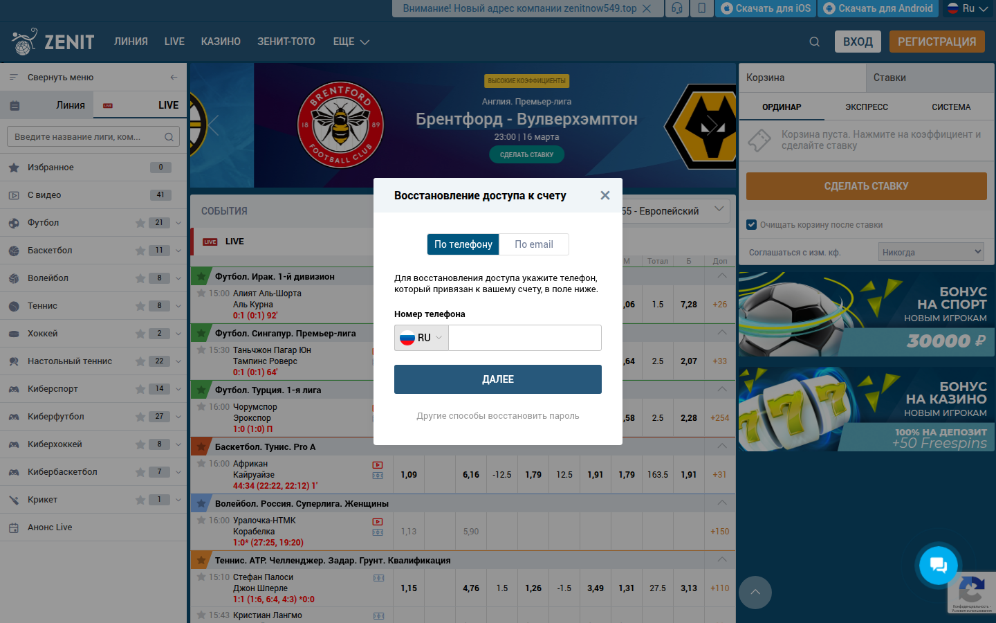 Форма Восстановление доступа