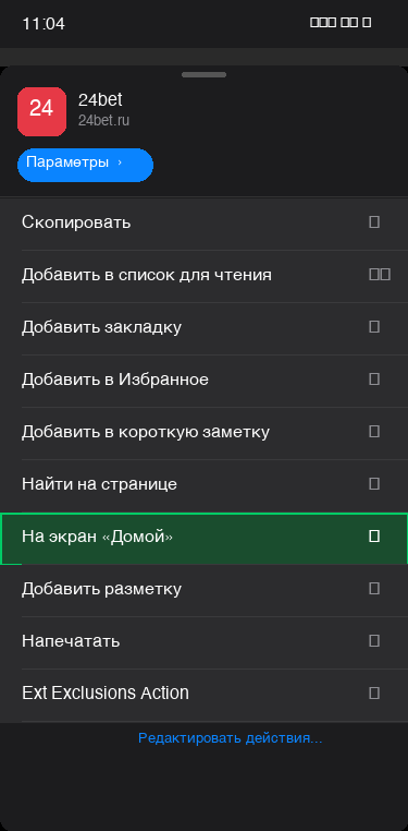 Кнопка «Поделиться» в Safari с открытым сайтом 24bet.ru