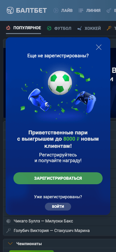 Стартовый экран приложения Балтбет