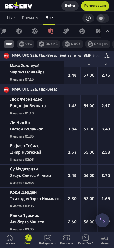 Линия ставок UFC