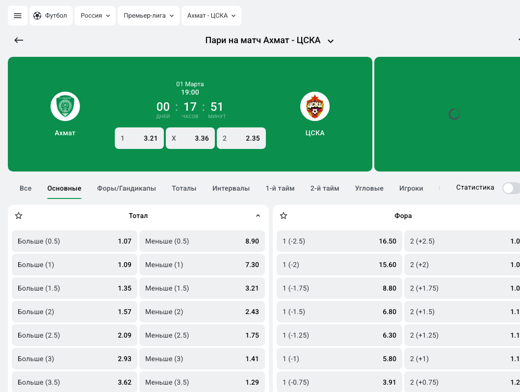 Линия Leon.ru: матч Ахмат–ЦСКА, коэффициенты на тоталы