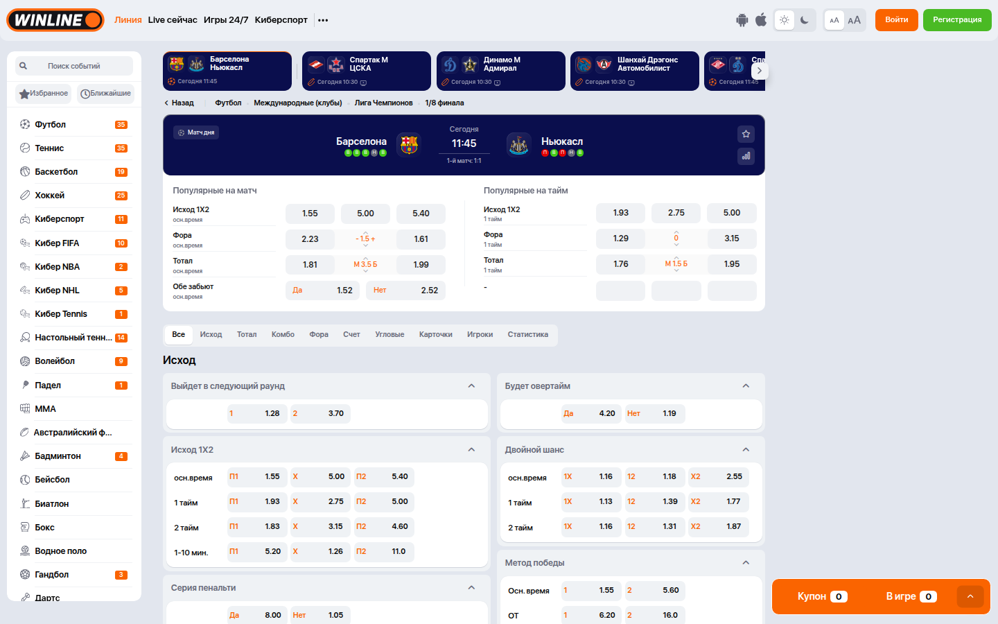 Роспись матча Барселона — Ньюкасл в Winline