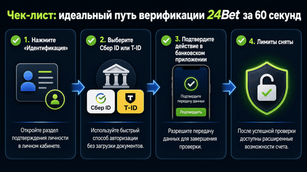 Этапы прохождения идентификации в 24Bet через Сбер ID или T-ID