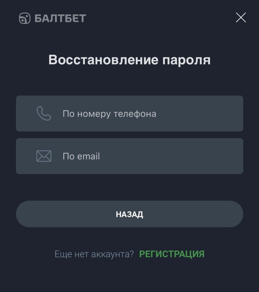 Форма восстановления пароля Балтбет