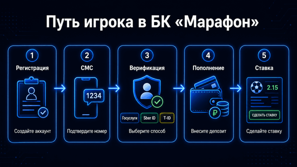 Схема прохождения регистрации и идентификации в БК Марафон