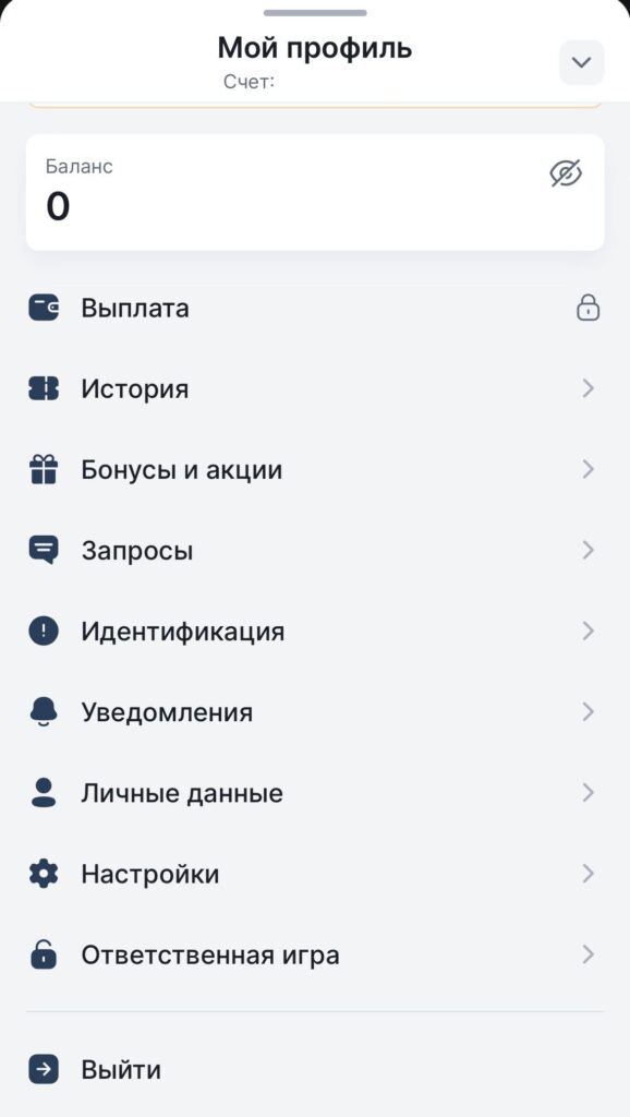 разделы личного кабинета 24Bet на смартфоне